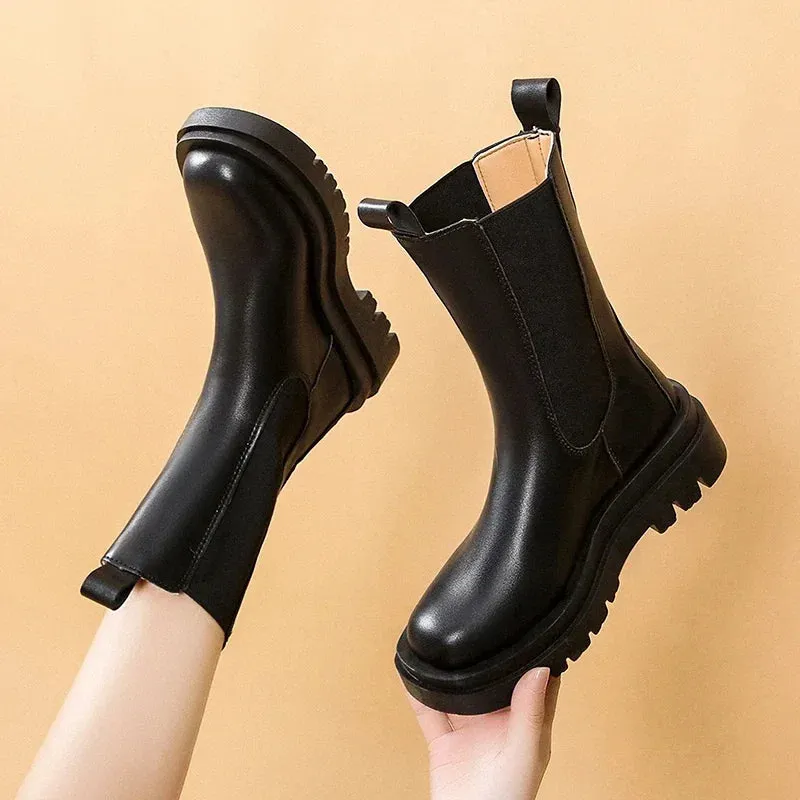 Hnzxzm Women Chelsea Boots Spring New Black Mid Ankle Flat Platform Lady Shoes Female All Match Classic Concise Fashion Round Toe Shoes