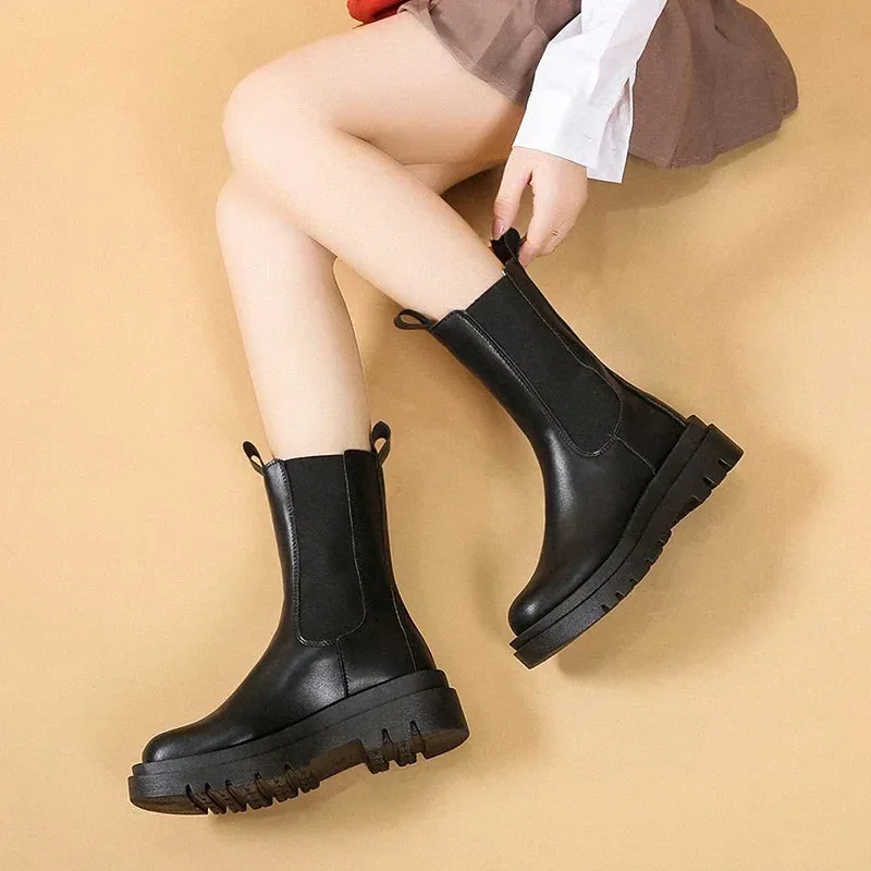 Hnzxzm Women Chelsea Boots Spring New Black Mid Ankle Flat Platform Lady Shoes Female All Match Classic Concise Fashion Round Toe Shoes