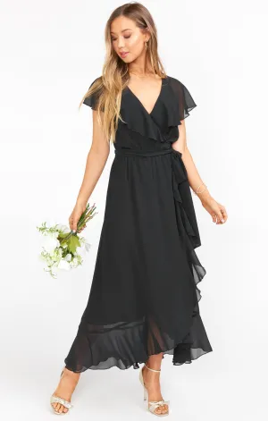 Jess Ruffle Midi Dress ~ Black Chiffon