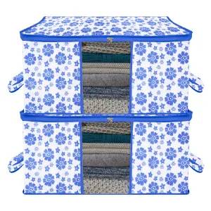 Kuber Industries Underbed Storage Bag | Clothes Storage Organizer | Blanket Cover with Clear Window | Zipper Closure & Handle Cloth Organizer | Flower-Design | Large | Pack of 2 | Blue