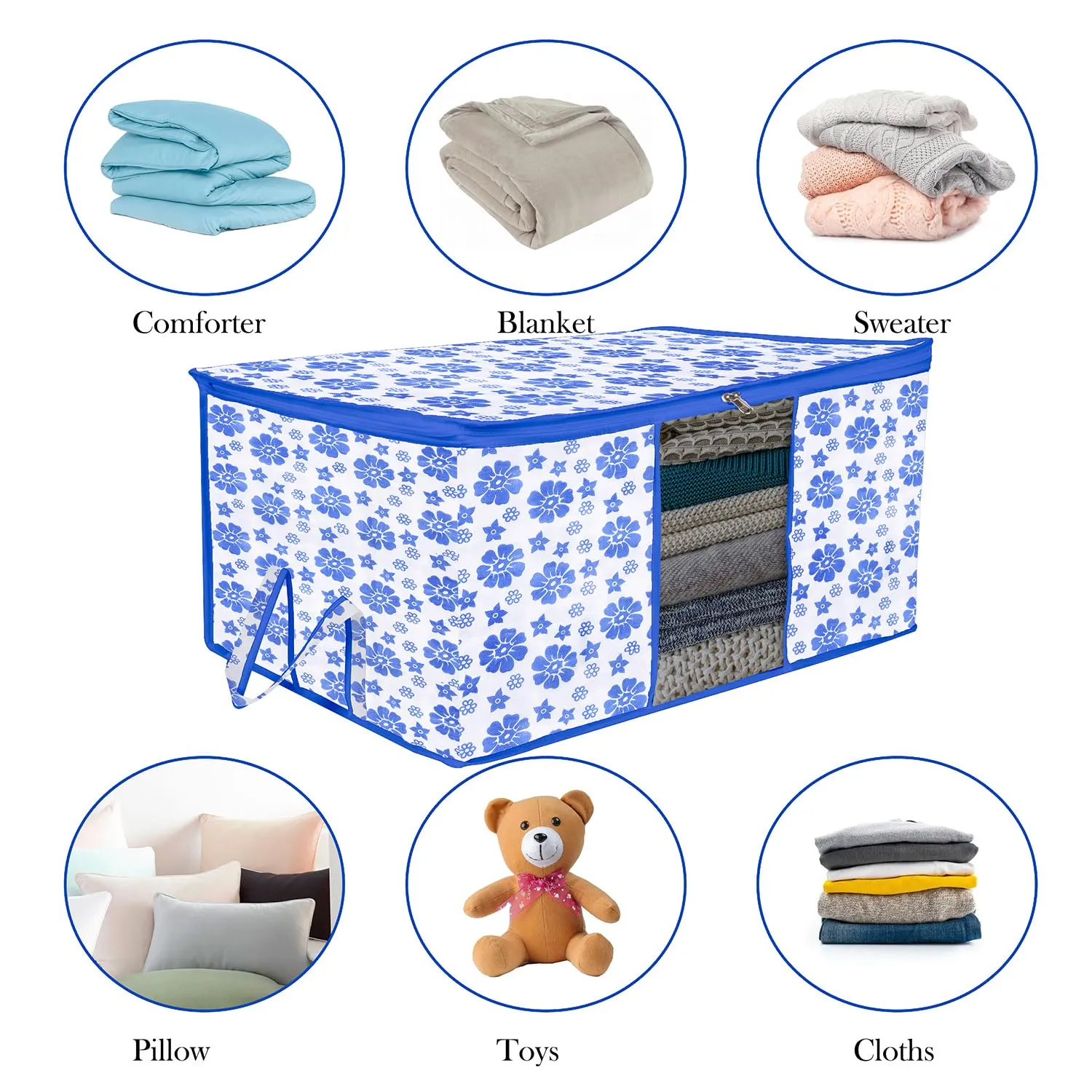 Kuber Industries Underbed Storage Bag | Clothes Storage Organizer | Blanket Cover with Clear Window | Zipper Closure & Handle Cloth Organizer | Flower-Design | Large | Pack of 2 | Blue