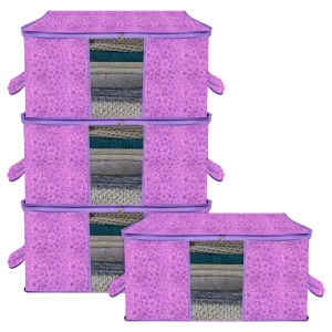 Kuber Industries Underbed Storage Bag | Clothes Storage Organizer | Blanket Cover with Clear Window | Zipper Closure & Handle Cloth Organizer | Flower-Design | Large | Pack of 4 | Purple