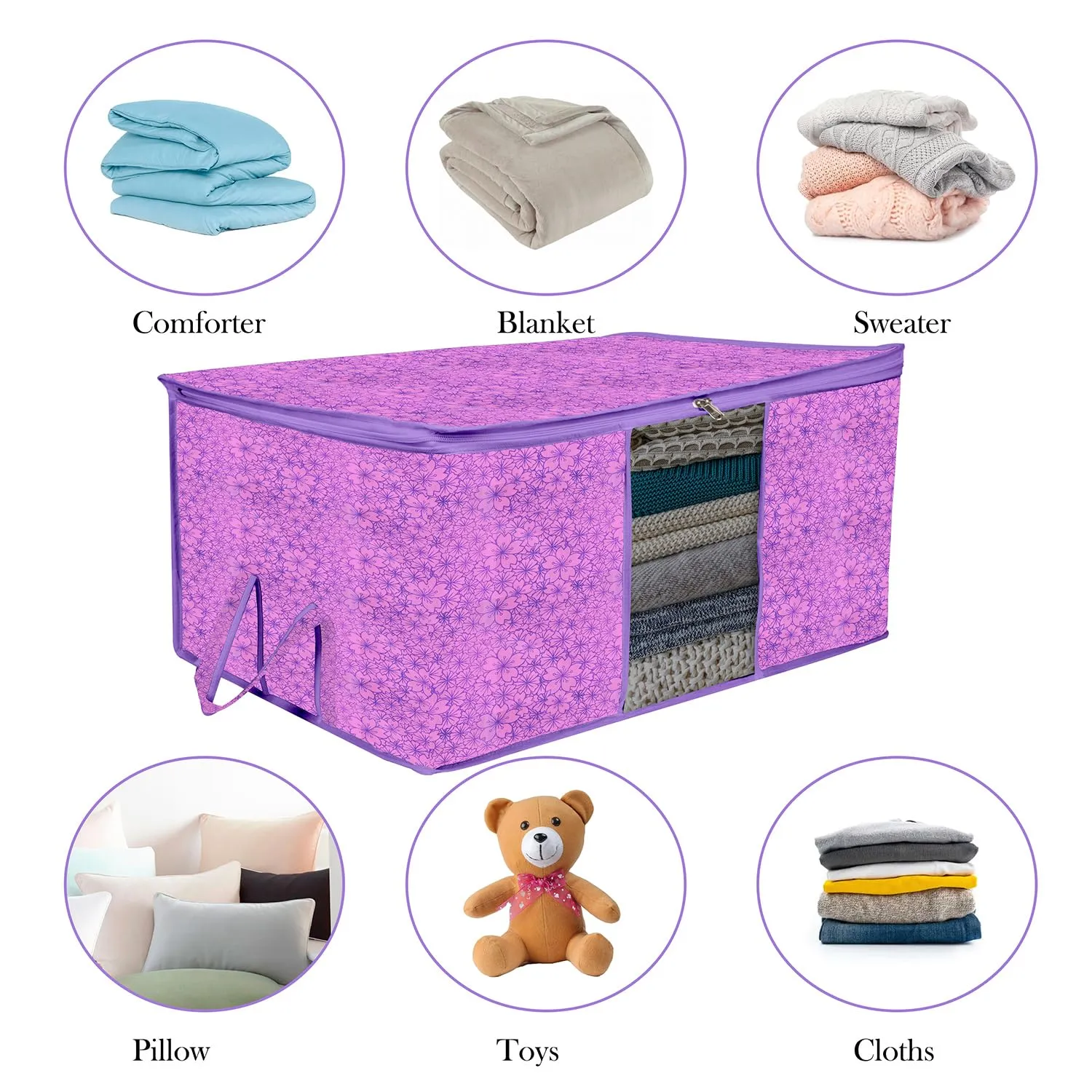 Kuber Industries Underbed Storage Bag | Clothes Storage Organizer | Blanket Cover with Clear Window | Zipper Closure & Handle Cloth Organizer | Flower-Design | Large | Pack of 4 | Purple