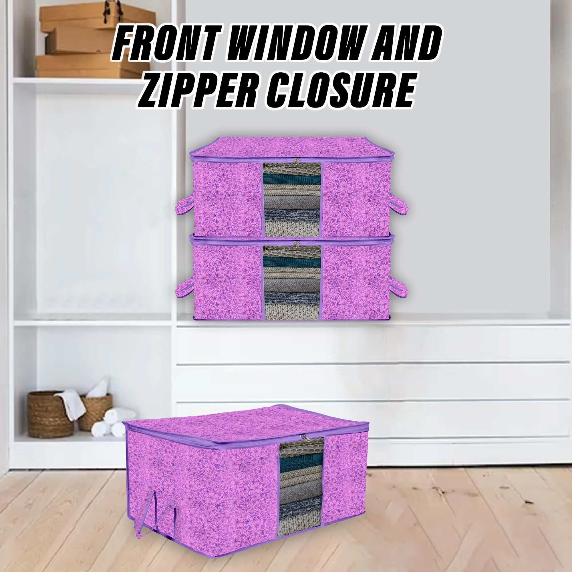 Kuber Industries Underbed Storage Bag | Clothes Storage Organizer | Blanket Cover with Clear Window | Zipper Closure & Handle Cloth Organizer | Flower-Design | Large | Pack of 4 | Purple