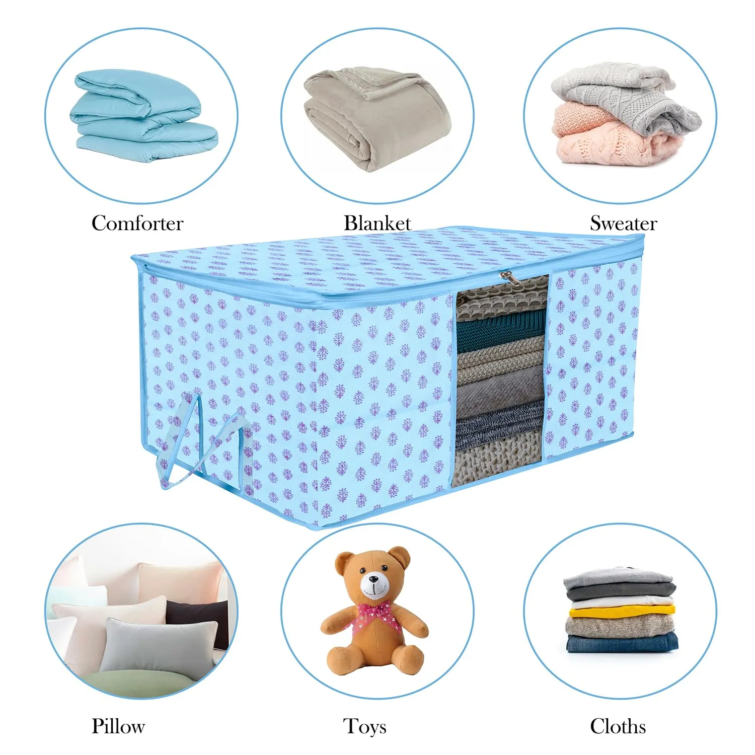 Kuber Industries Underbed Storage Bag | Clothes Storage Organizer | Blanket Cover with Clear Window | Zipper Closure & Handle Cloth Organizer | Flower-Design | Large | Pack of 4 | Sky Blue