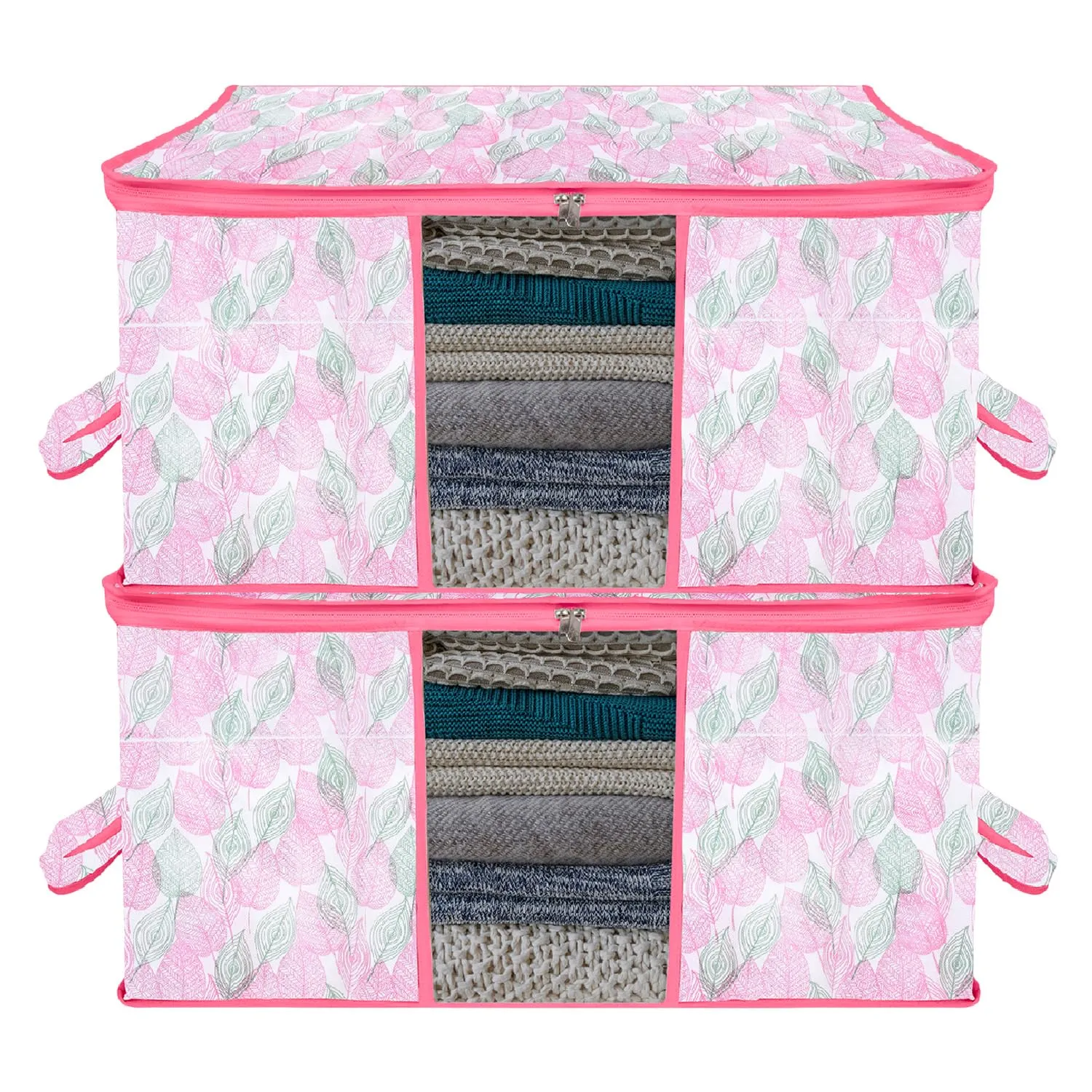 Kuber Industries Underbed Storage Bag | Clothes Storage Organizer | Blanket Cover with Clear Window | Zipper Closure & Handle Cloth Organizer | Flower Patta-Design | Large | Pack of 2 | Pink