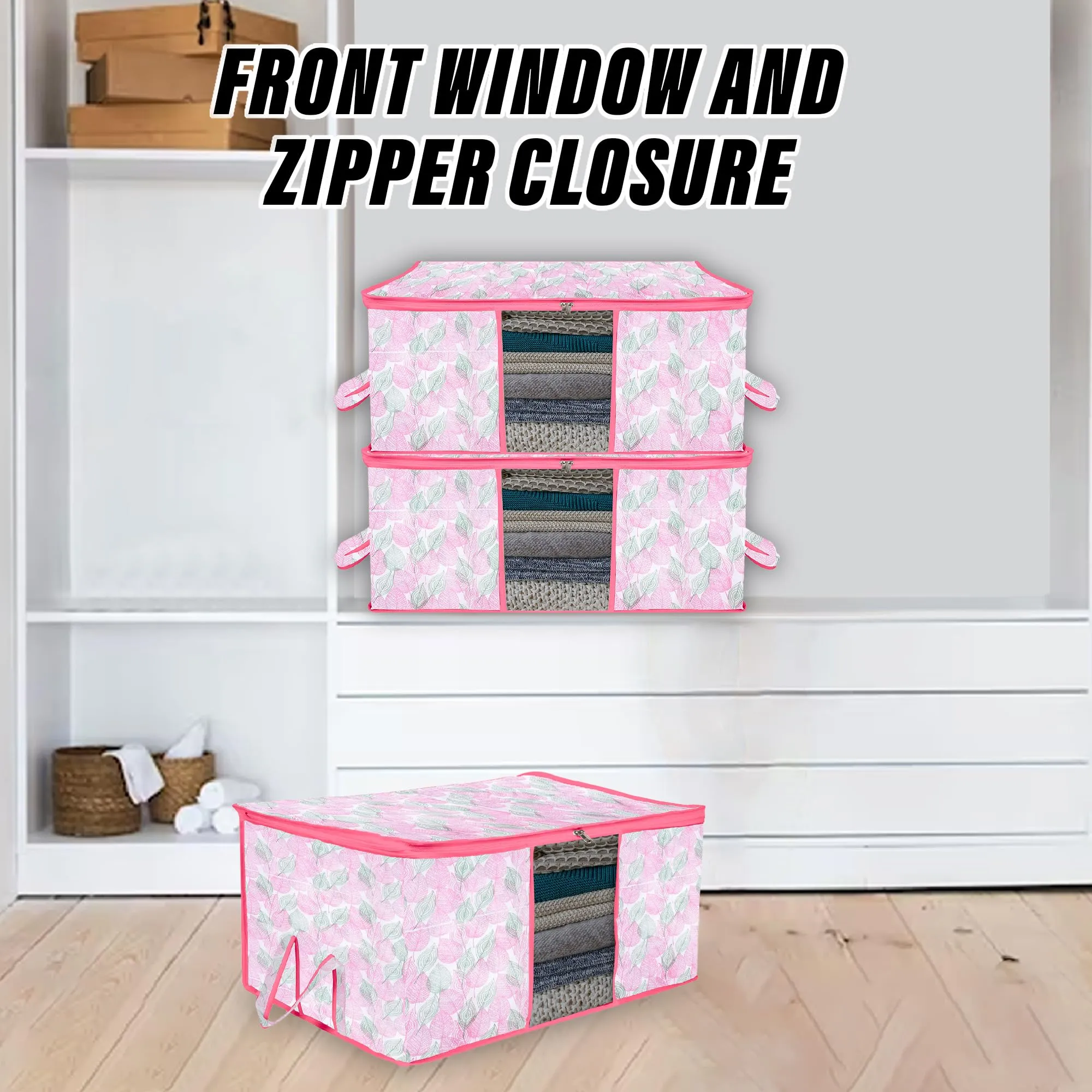 Kuber Industries Underbed Storage Bag | Clothes Storage Organizer | Blanket Cover with Clear Window | Zipper Closure & Handle Cloth Organizer | Flower Patta-Design | Large | Pack of 2 | Pink