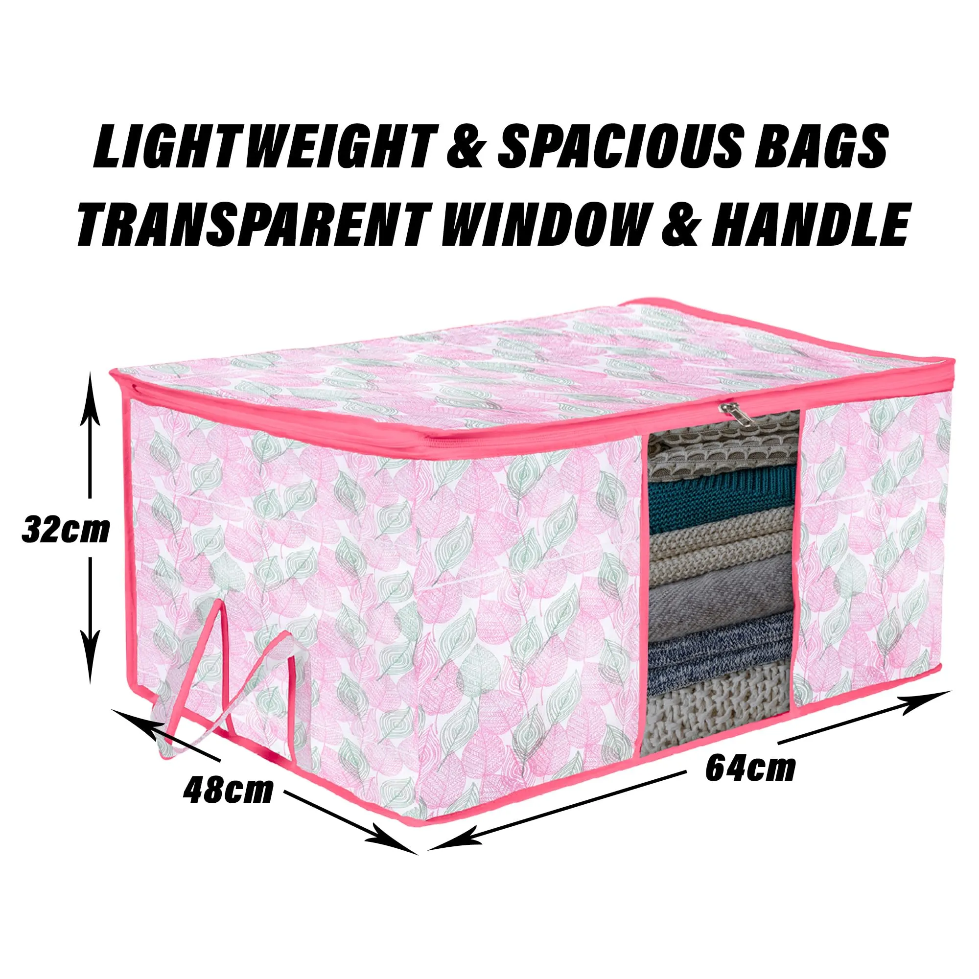 Kuber Industries Underbed Storage Bag | Clothes Storage Organizer | Blanket Cover with Clear Window | Zipper Closure & Handle Cloth Organizer | Flower Patta-Design | Large | Pack of 2 | Pink