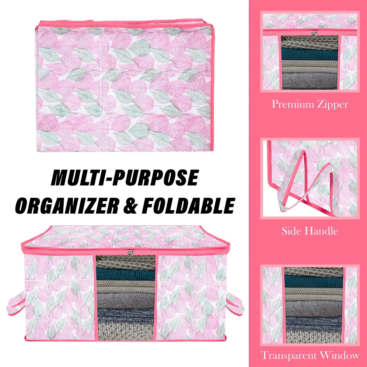 Kuber Industries Underbed Storage Bag | Clothes Storage Organizer | Blanket Cover with Clear Window | Zipper Closure & Handle Cloth Organizer | Flower Patta-Design | Large | Pack of 2 | Pink