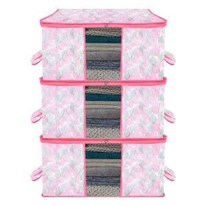 Kuber Industries Underbed Storage Bag | Clothes Storage Organizer | Blanket Cover with Clear Window | Zipper Closure & Handle Cloth Organizer | Flower Patta-Design | Large | Pack of 3 | Pink