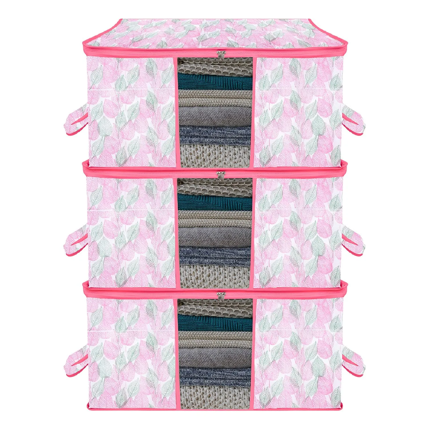 Kuber Industries Underbed Storage Bag | Clothes Storage Organizer | Blanket Cover with Clear Window | Zipper Closure & Handle Cloth Organizer | Flower Patta-Design | Large | Pack of 3 | Pink