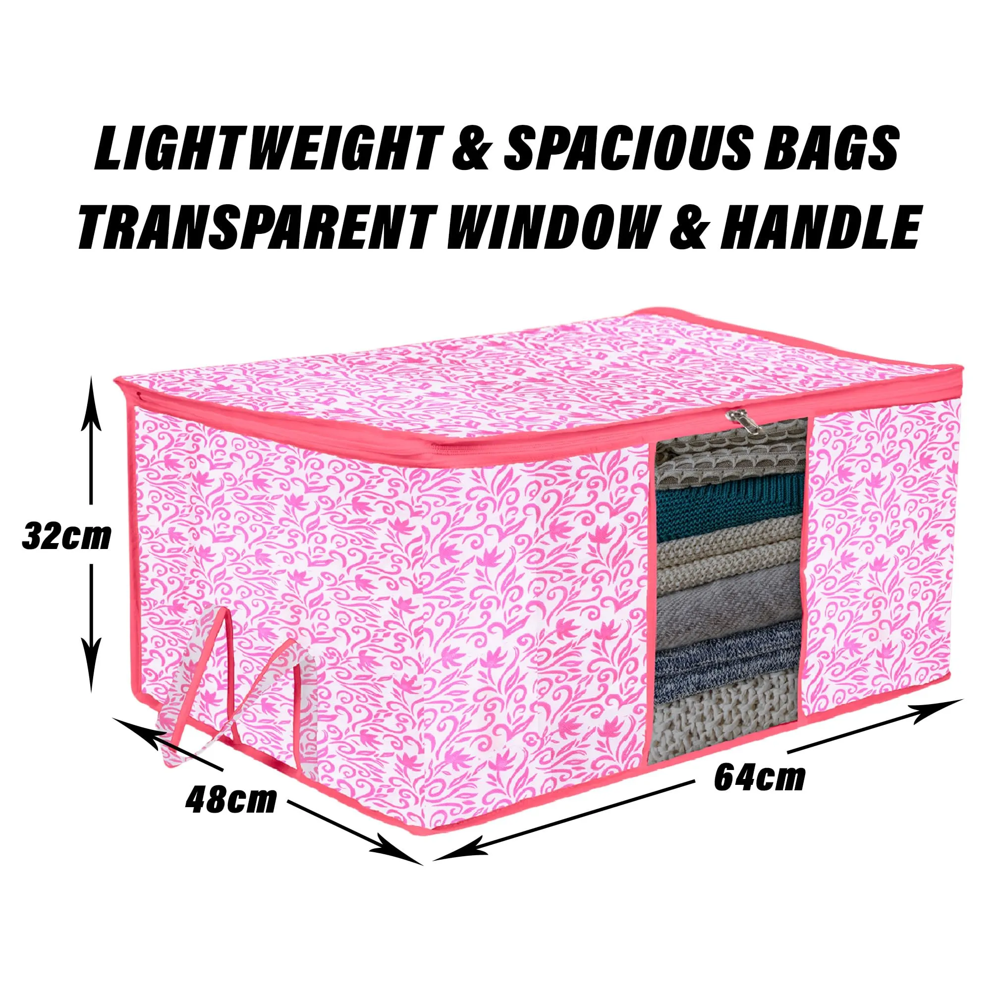 Kuber Industries Underbed Storage Bag | Clothes Storage Organizer | Blanket Cover with Clear Window | Zipper Closure & Handle Cloth Organizer | Leaf-Design | Large | Pack of 2 | Pink