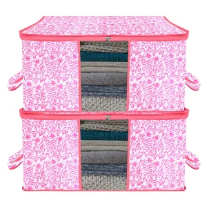 Kuber Industries Underbed Storage Bag | Clothes Storage Organizer | Blanket Cover with Clear Window | Zipper Closure & Handle Cloth Organizer | Leaf-Design | Large | Pack of 2 | Pink