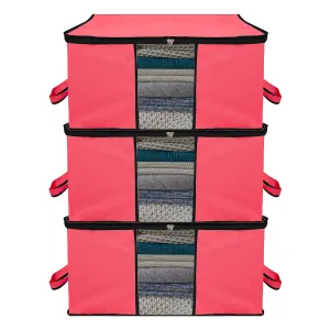 Kuber Industries Underbed Storage Bag | Clothes Storage Organizer | Blanket Cover with Clear Window | Zipper Closure & Handle Cloth Organizer | Plain Black Border | Large | Pack of 3 | Pink