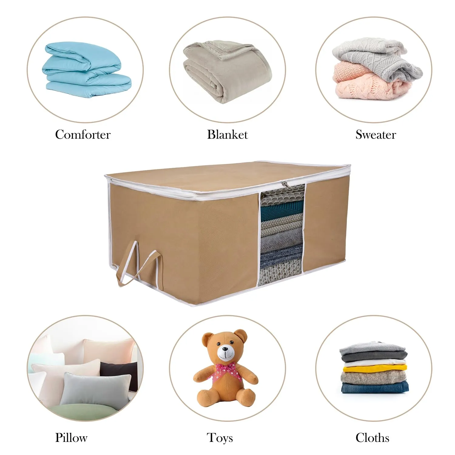 Kuber Industries Underbed Storage Bag | Clothes Storage Organizer | Blanket Cover with Clear Window | Zipper Closure & Handle Cloth Organizer | Plain White Border | Large | Pack of 6 | Brown