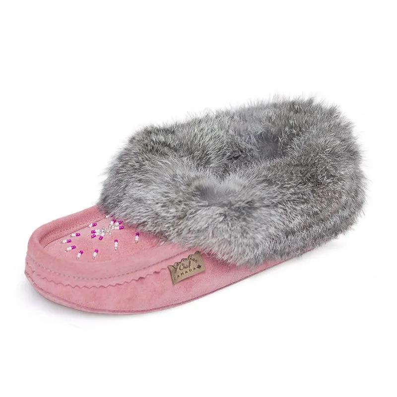 Ladies Rabbit Trimmed Leather Beaded Moccasins