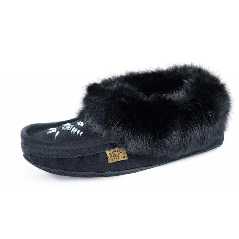 Ladies Rabbit Trimmed Leather Beaded Moccasins