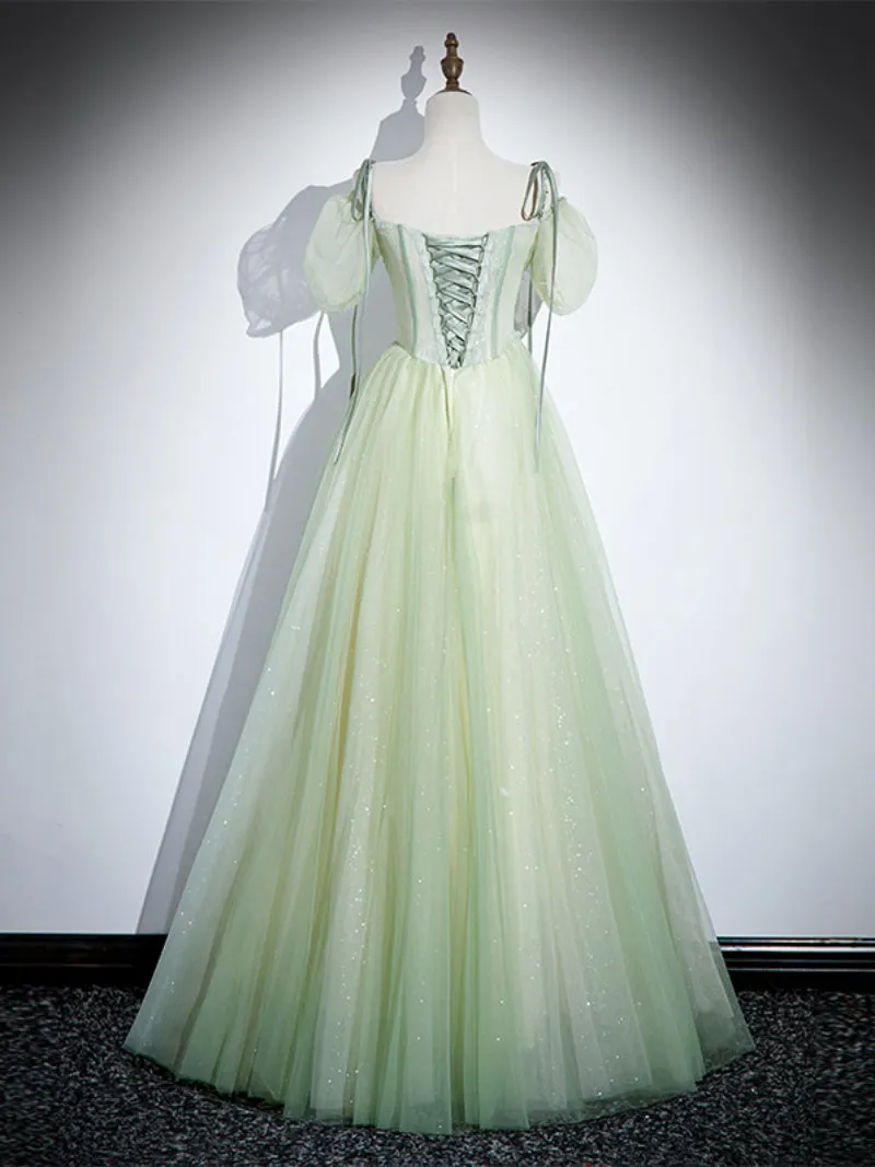 Light Green Tulle Off Shoulder Straps Party Dress, A-line Green Prom Dress