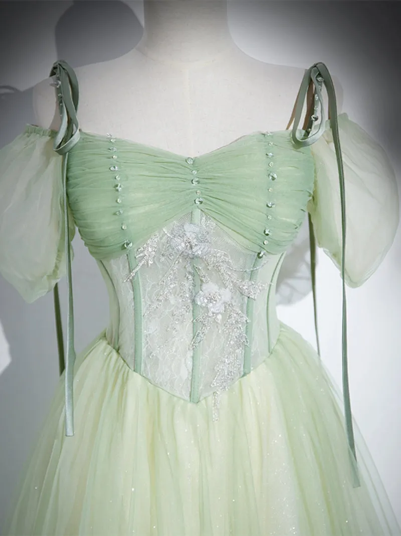 Light Green Tulle Off Shoulder Straps Party Dress, A-line Green Prom Dress