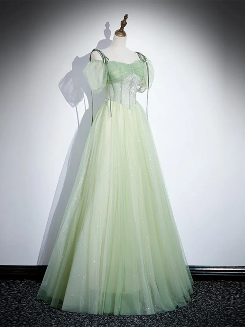 Light Green Tulle Off Shoulder Straps Party Dress, A-line Green Prom Dress