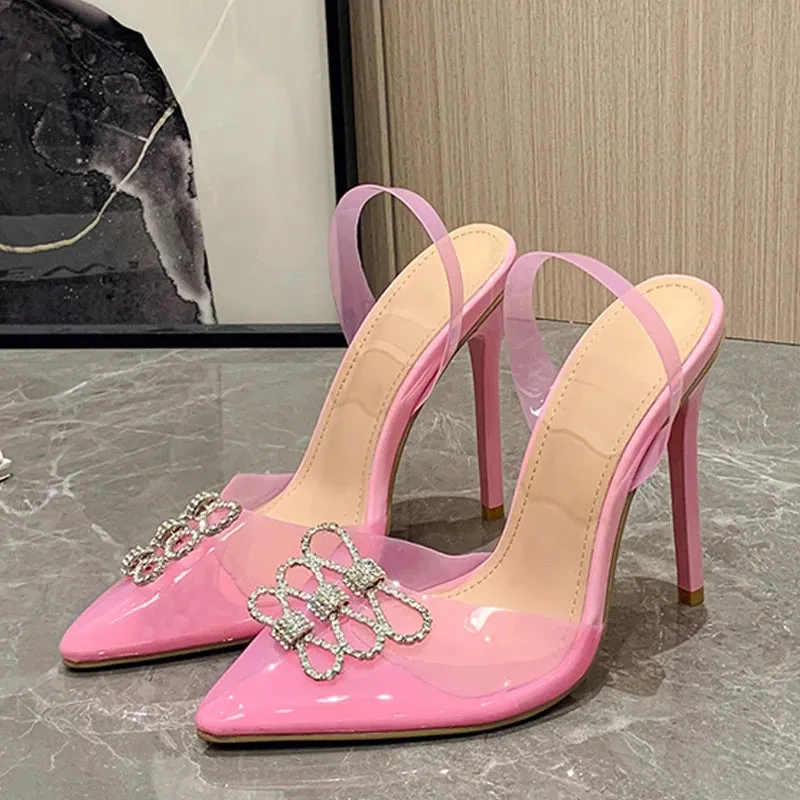 Liyke 2024 Brand Women Pumps Crystal Bowknot Buckle PVC Transparent High Heels Fashion Wedding Bride Pointed Toe Shoes Stiletto