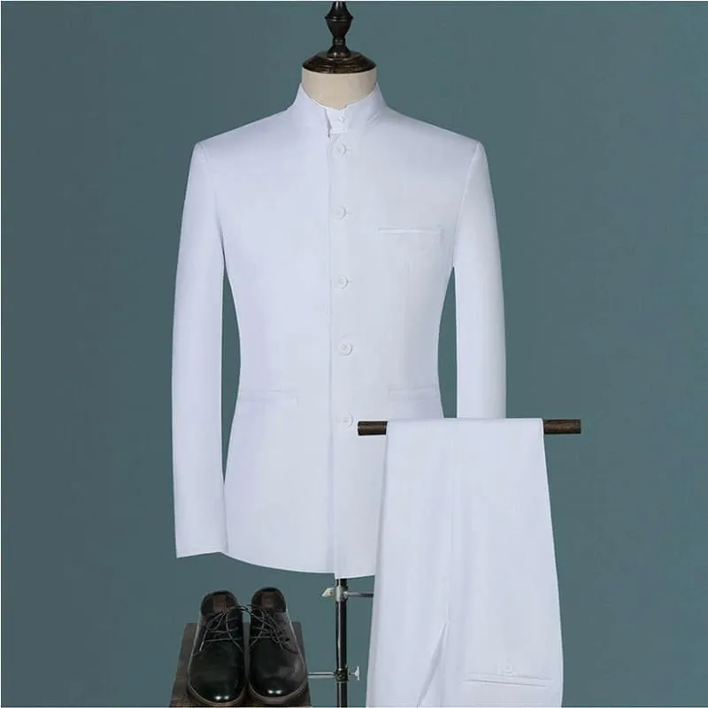 Mens 3 Pc Slim Fit Suit with Nehru Collar Jacket Pants Vest Set