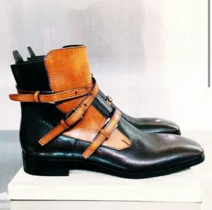 Mens Tan Black Jodhpur Leather Triple Buckle Straps Made To Order Stylish Boots