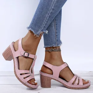 Metal Buckle Stitching Hollow Block Heel Sandals