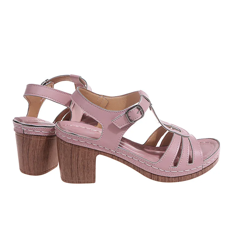 Metal Buckle Stitching Hollow Block Heel Sandals