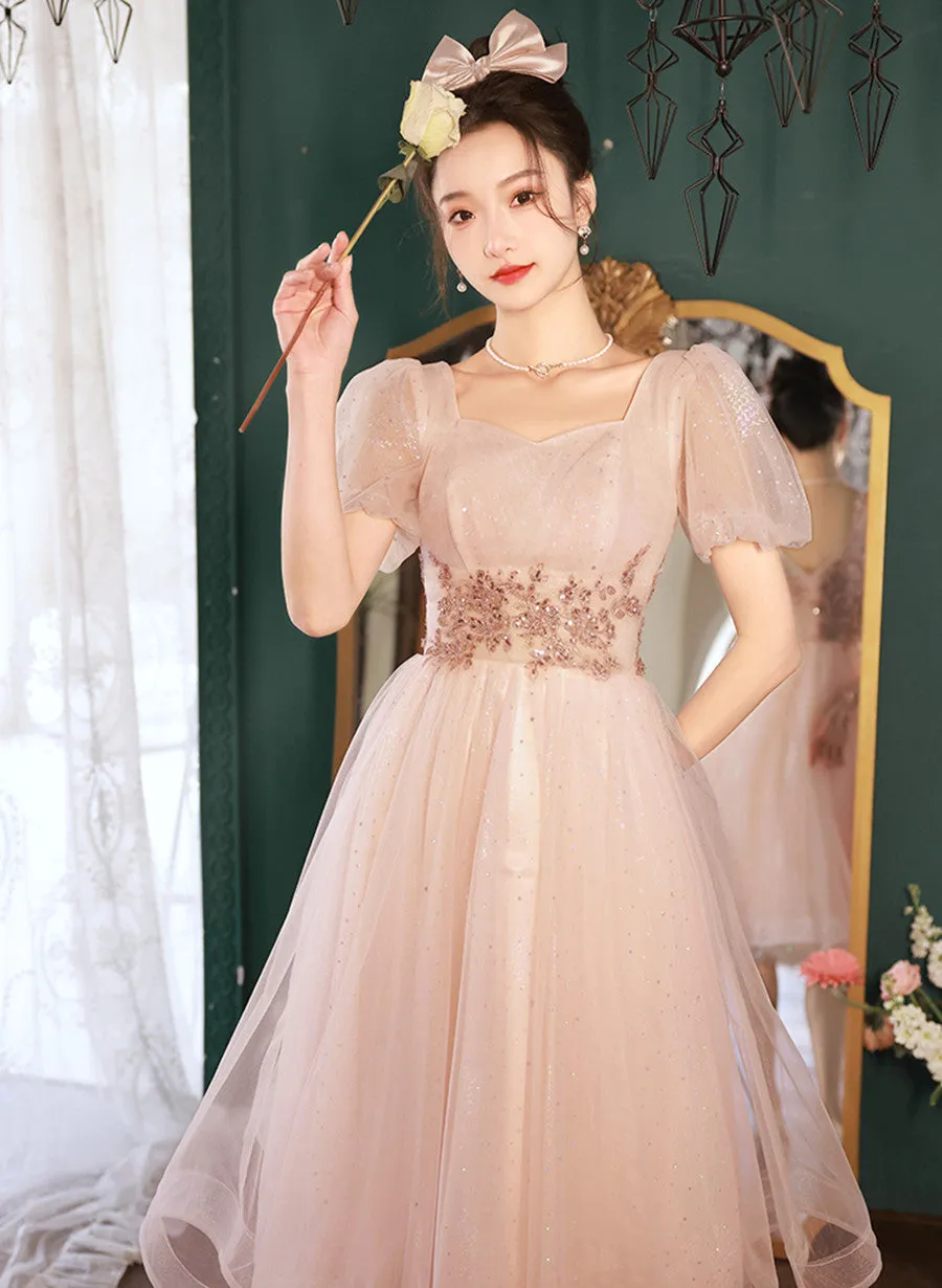 Pink Tea Length Tulle Short Sleeves Party Dress, Pink Tulle Homecoming Dress Formal Dress