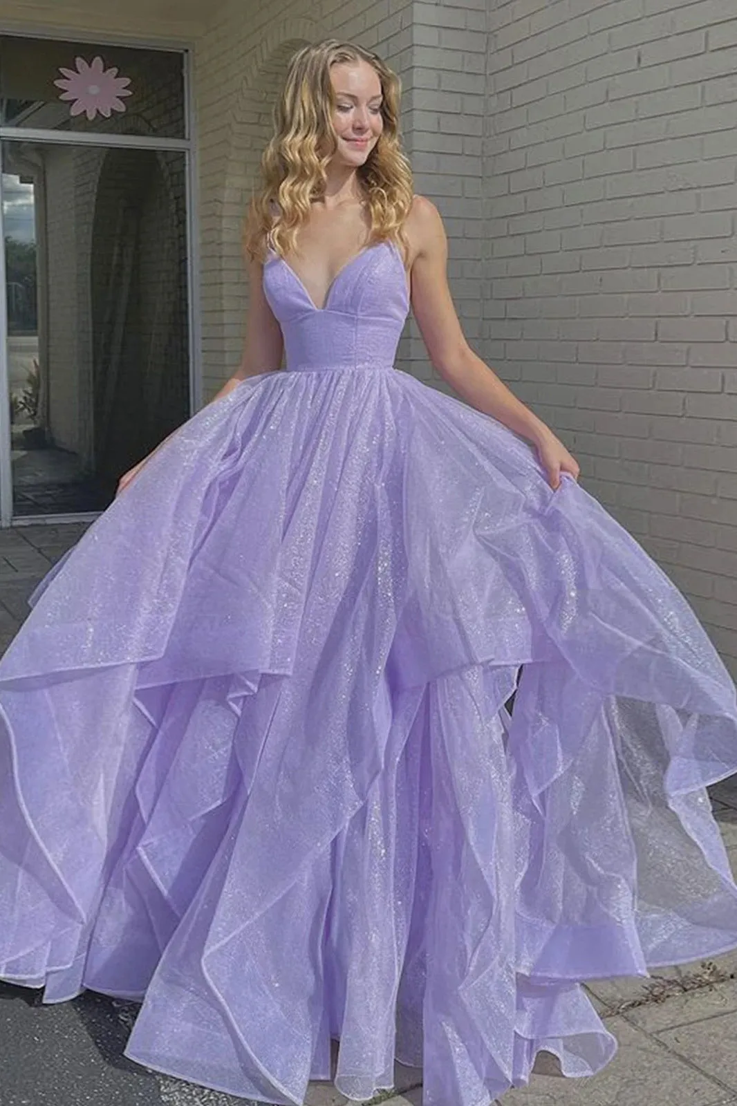 Princess Lavender Tiered  Spaghetti Straps Long Prom Dress UQP0033