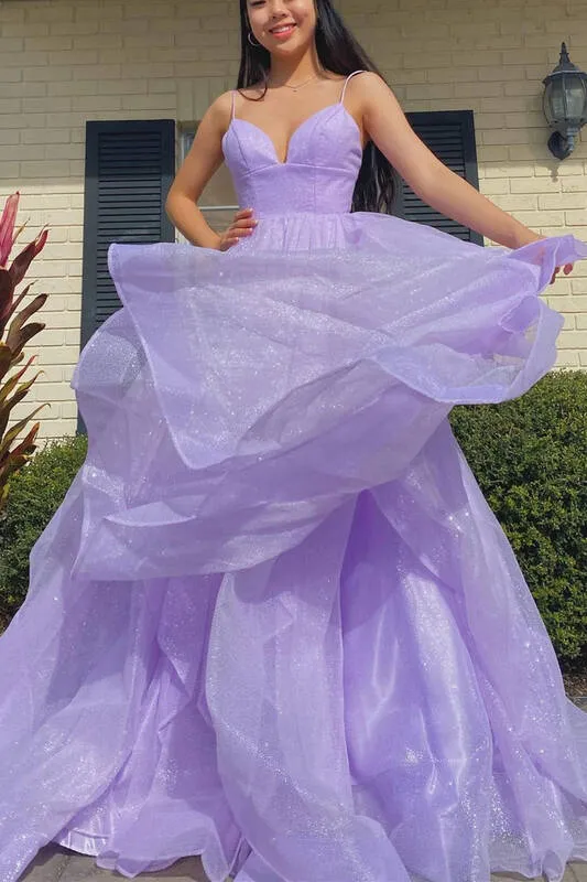 Princess Lavender Tiered  Spaghetti Straps Long Prom Dress UQP0033