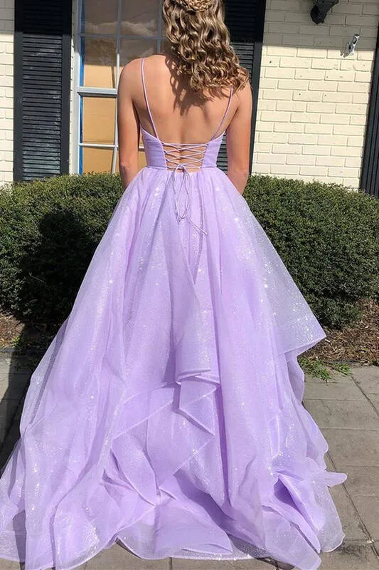 Princess Lavender Tiered  Spaghetti Straps Long Prom Dress UQP0033