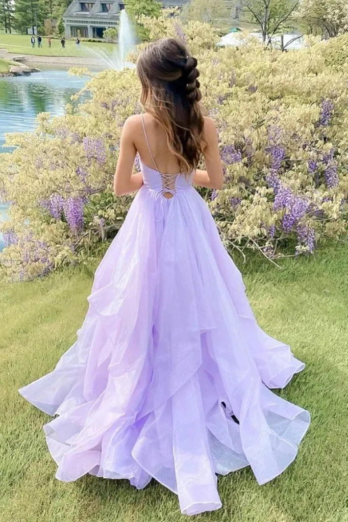 Princess Lavender Tiered  Spaghetti Straps Long Prom Dress UQP0033