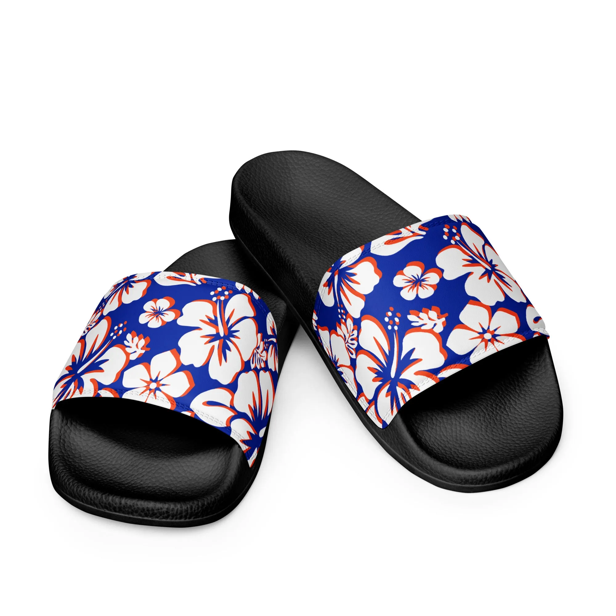 Royal Blue Orange and White Hawaiian Flowers Women’s Slides Sandals