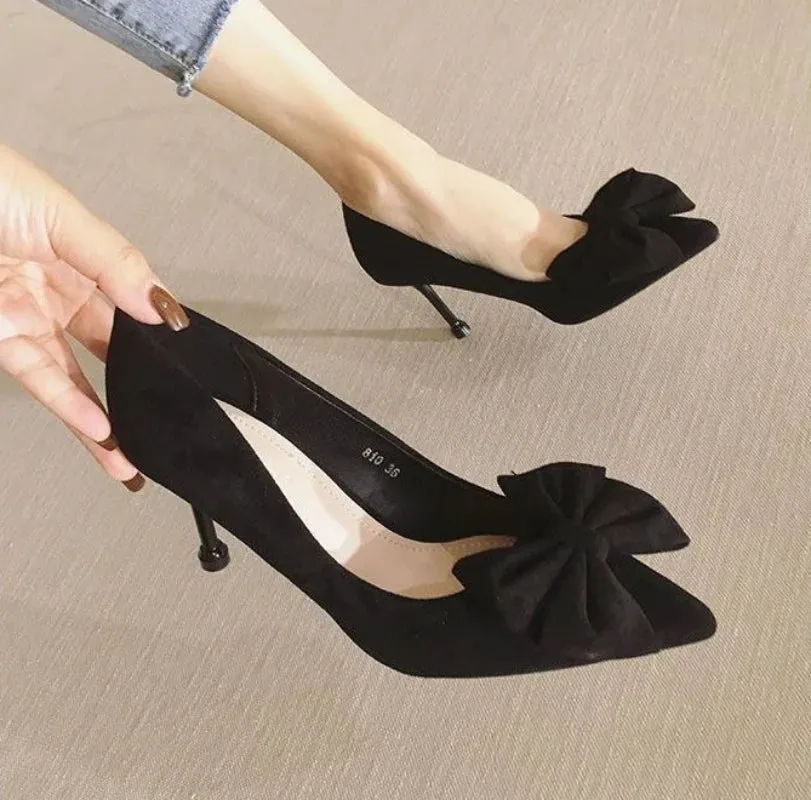 Shoes for Women Super High Heel Ladies Summer Footwear Black Office Stilito Pointed Toe with Bow Genuine Mark Slip on Shoe