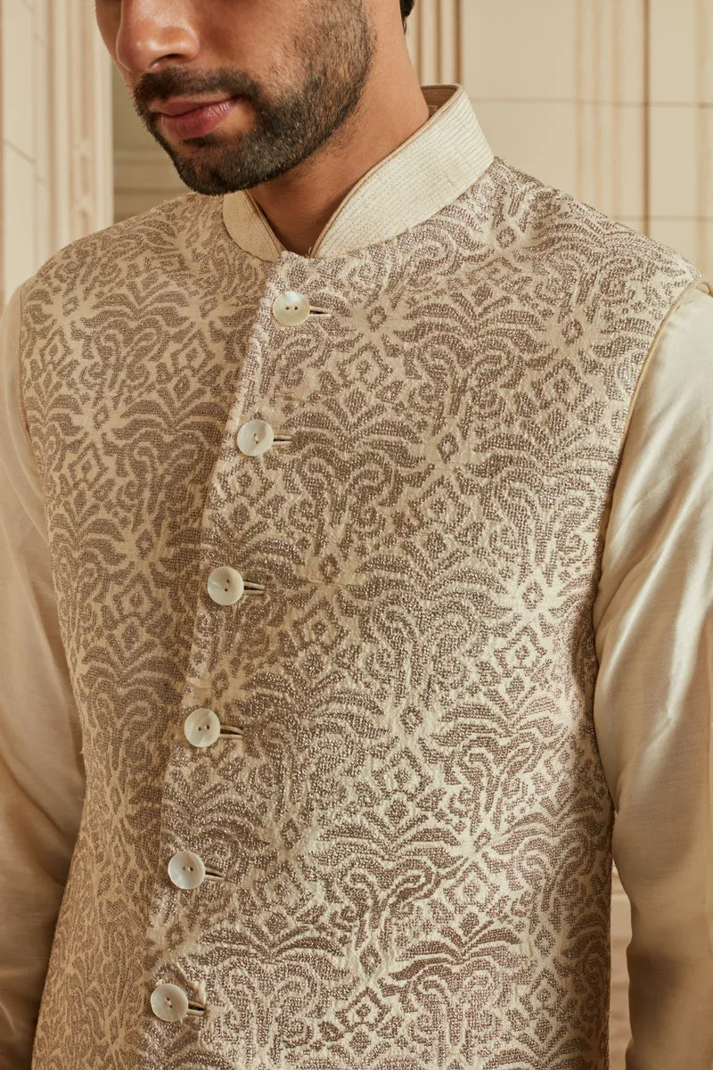 Silver Raw Silk  Stitch Embroidered Kurta Bundi Set