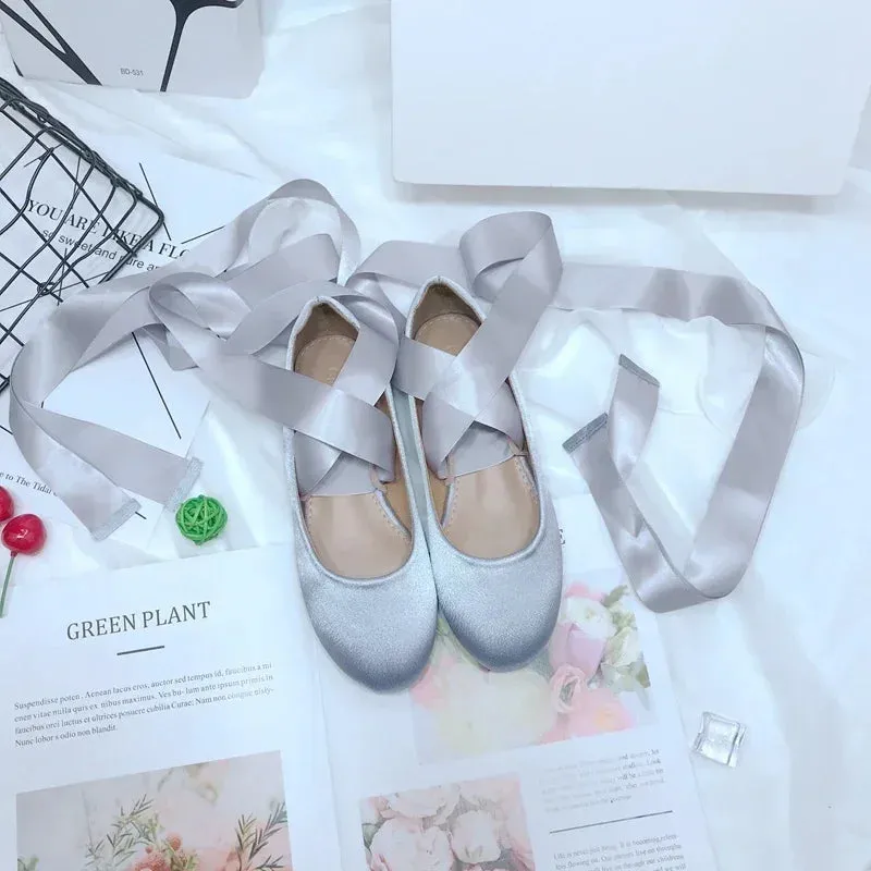 Sohiwoo 2024 NEW Gray Ankle Strap Satin Ballet Shoes Silk Lace Up Ballet Shoes Women Round Toe Women Flats Elegant Valentine Shoes