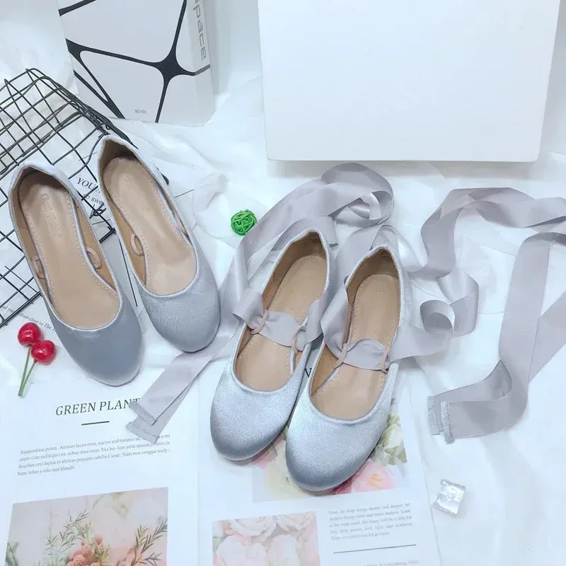 Sohiwoo 2024 NEW Gray Ankle Strap Satin Ballet Shoes Silk Lace Up Ballet Shoes Women Round Toe Women Flats Elegant Valentine Shoes