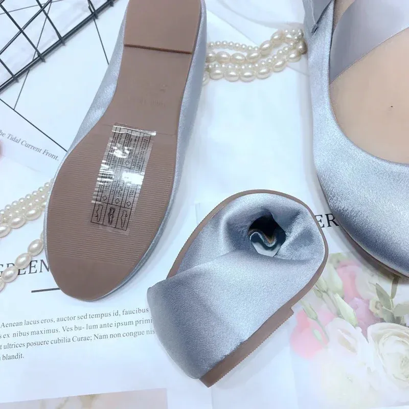 Sohiwoo 2024 NEW Gray Ankle Strap Satin Ballet Shoes Silk Lace Up Ballet Shoes Women Round Toe Women Flats Elegant Valentine Shoes