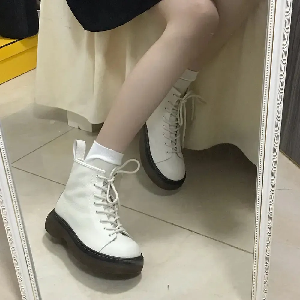 Sohiwoo Booties with Laces Short Shoes for Women White Lace-up Footwear Biker Female Ankle Boots Round Toe Spring on Promotion Goth