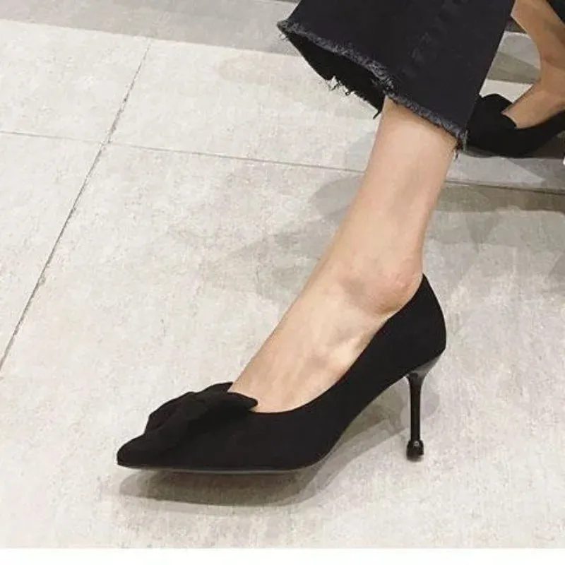 Sohiwoo Shoes for Women Super High Heel Ladies Summer Footwear Black Office Stilito Pointed Toe with Bow Genuine Mark Slip on Shoe