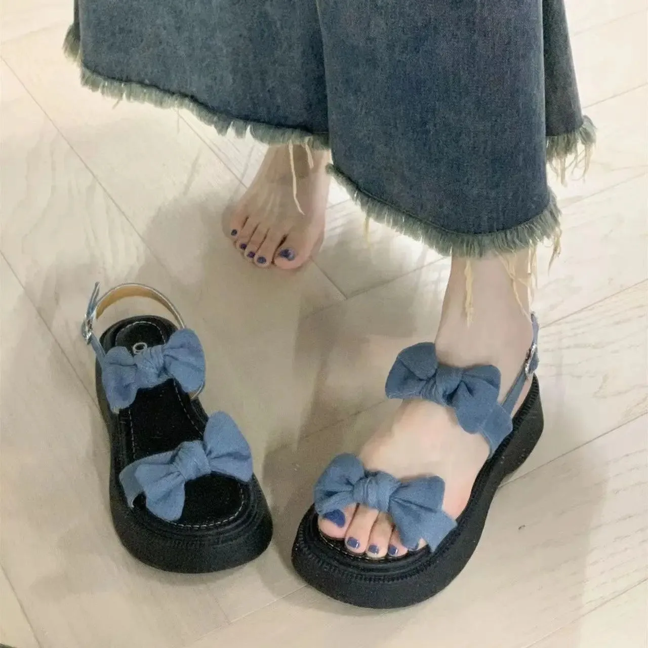 Sohiwoo Women's Shoes Bow Summer 2024 with Medium Heels Sandals for Woman Wedge Platform Waterproof Footwear Open Toe Blue Sandal Daily