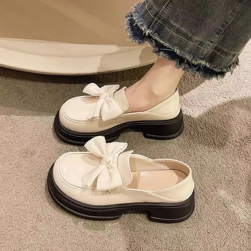 Sohiwoo Women's Shoes with Bow Female Footwear Japanese Style Lolita Mary Jane Off White Loafers Gothic High Quality Original New In A H