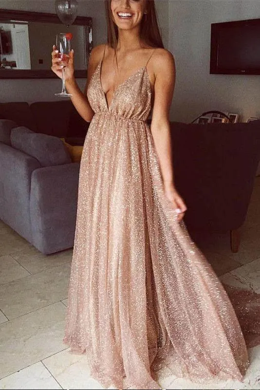 Spaghetti Strap Backless Sequins Prom Dress, Sexy Sparkly V Neck Party Dresses