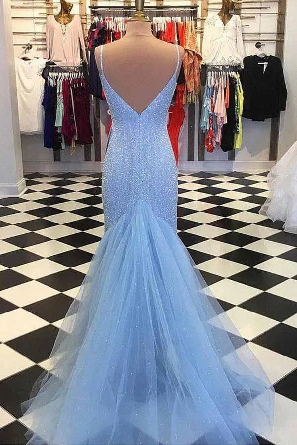 Straps Light Blue Mermaid Prom Dresses Beaded Backless Formal Dresses PG695