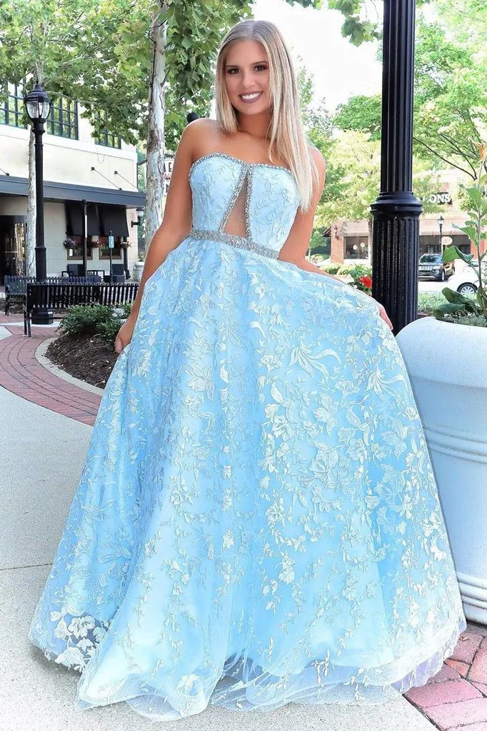 Stunning A-line Strapless Sky Blue Lace Beaded Long Prom Dresses Evening Dress UQP0042