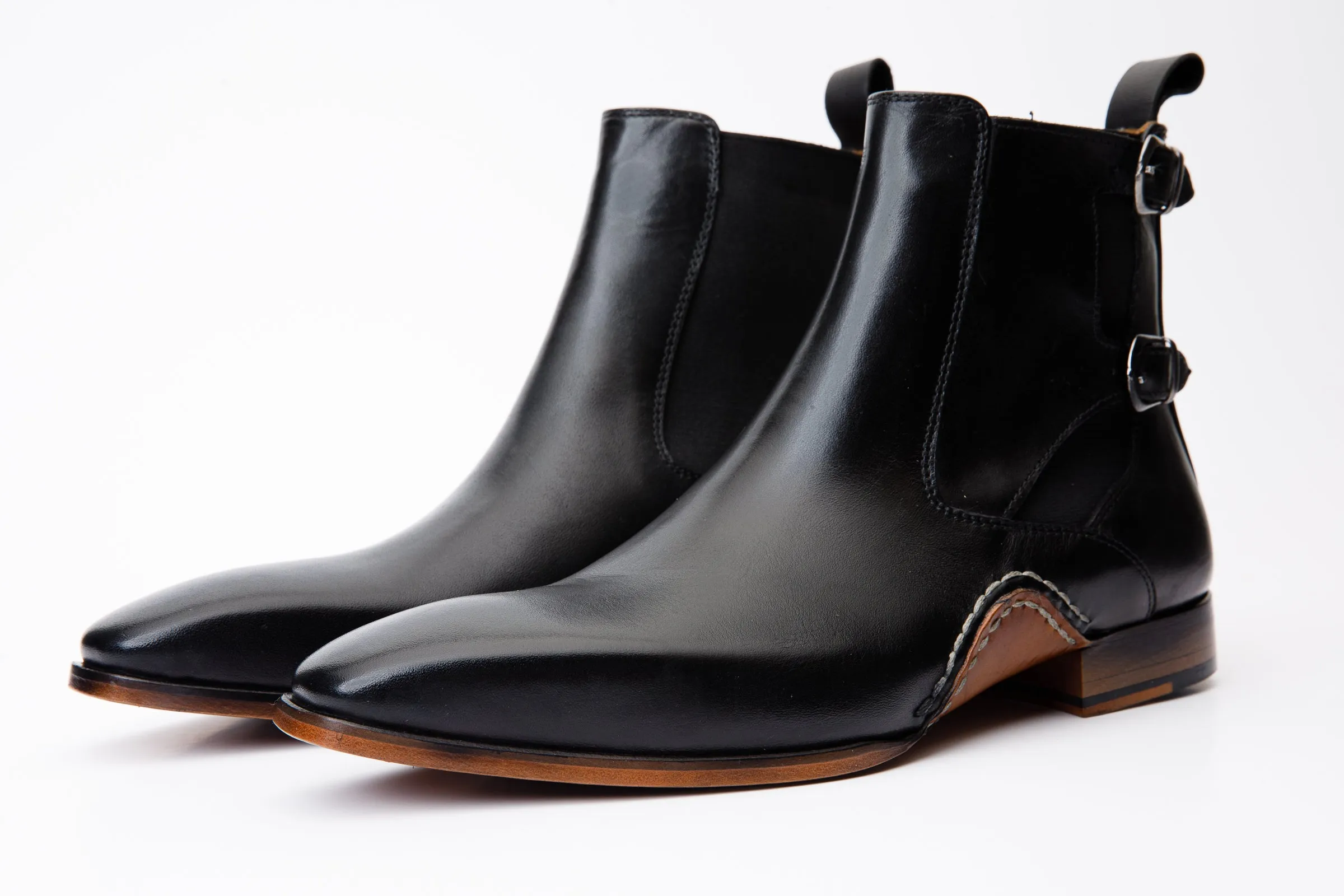 The Royal Hand Craft Black Leather Double-Buckle Chelsea Men Boot