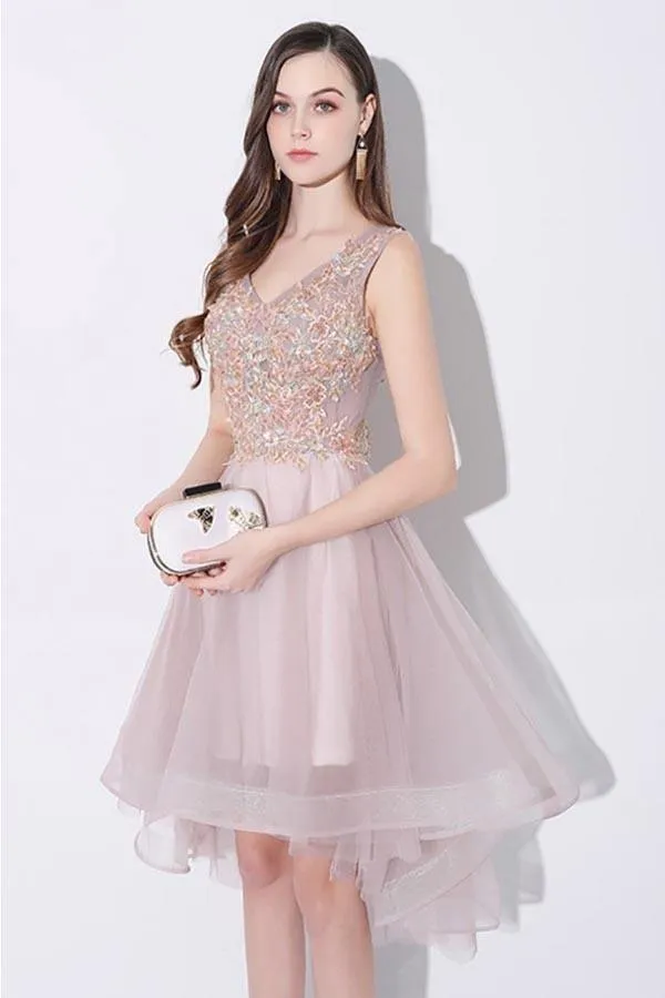 Tulle High Low V-neck Homecoming Prom Dress Sleeveless PD093