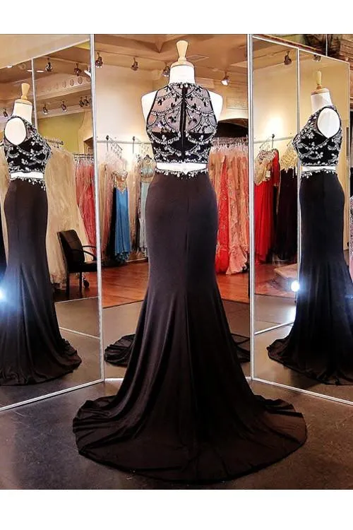 Two Piece Mermaid Black Prom Dresses Evening Dresses With Beading PG290